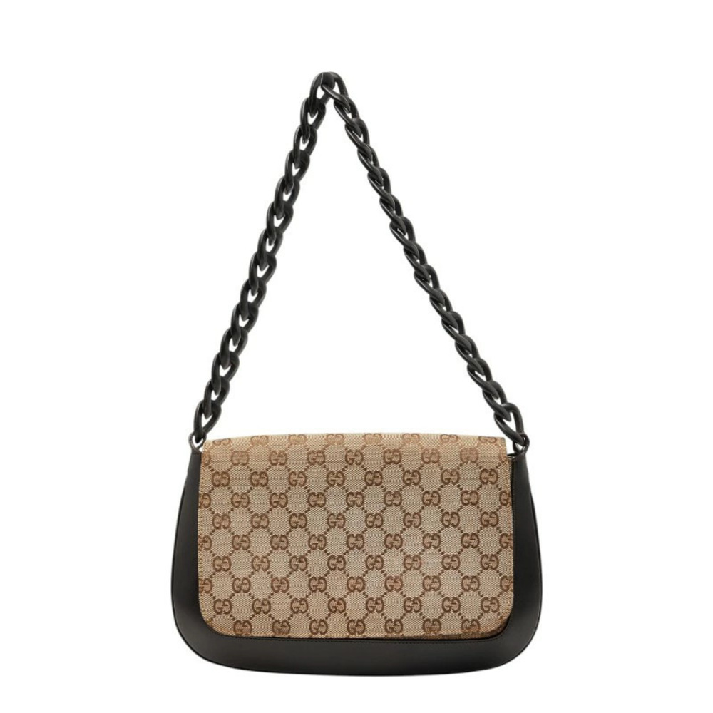 Gucci GG Canvas Chain Shoulder Bag Hobo Beige Cream Black Leather